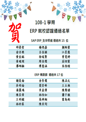 108學年度ERP生管模組及ERP規劃師認證通過名單圖片