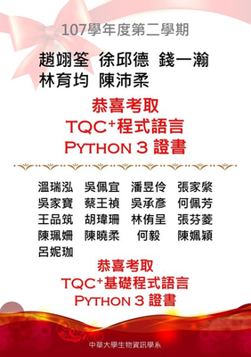 107-2 TQC+ 程式語言 python3證書榜單圖片(另開新視窗)
